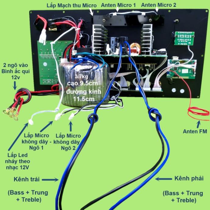 Mạch loa kéo 4 tấc đôi 400W + 400W DSP Reverb chống hú - Equalizer 5 Band 2 kênh riêng biệt, kèm loa và kèm micro