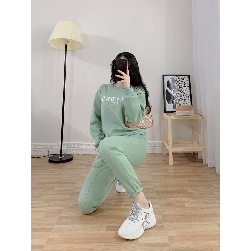 Bộ nỉ nữ thu đông chất vải nỉ bông, Set đồ nữ thu đông quần áo dài tay trẻ trung phong cách Hàn Quốc
