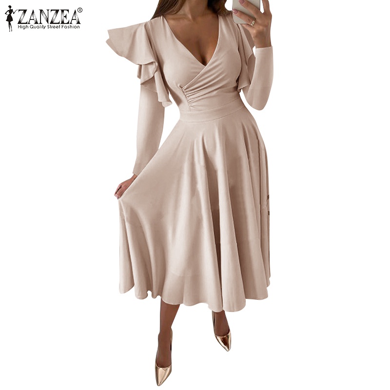 Đầm Zanzea tay dài cổ chữ V eo cao thời trang xinh xắn cho nữ