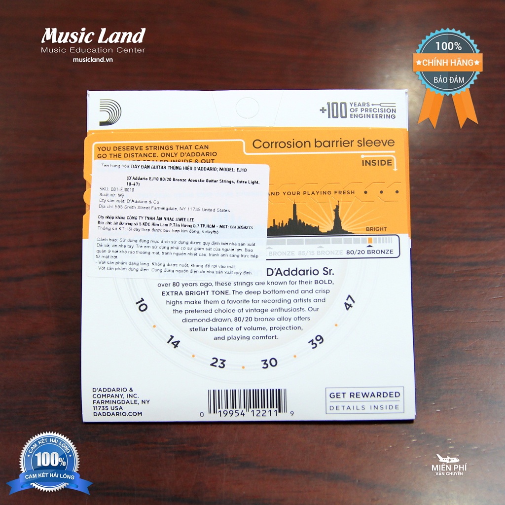 Dây Đàn Guitar Acoustic D'Addario EJ10 - Chính Hãng USA