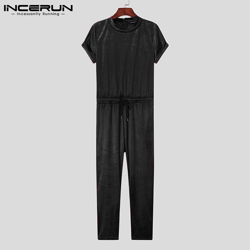 Bộ áo liền quần INCERUN vải nhung cổ tròn ngắn tay dáng rộng thời trang mùa hè dành cho nam 2 màu sắc lựa chọn