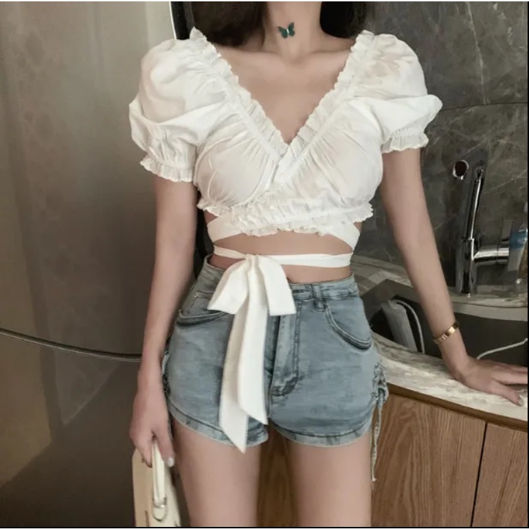 Áo Croptop Ngắn Tay Cổ Chữ V Gợi Cảm Dành Cho Nữ