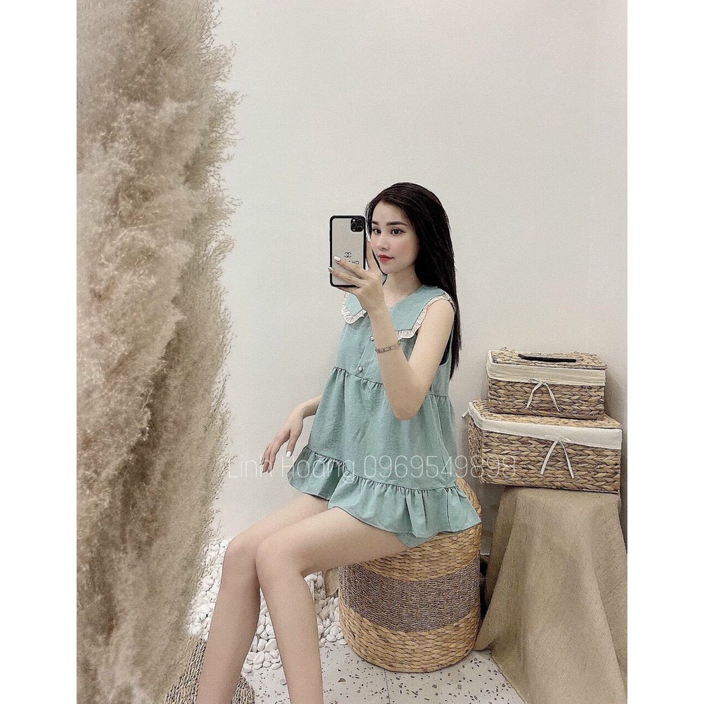 Set bộ đùi nữ áo cổ vạt viền trắng cài 3 nút không tay phối bèo thoải mái mặc ở nhà