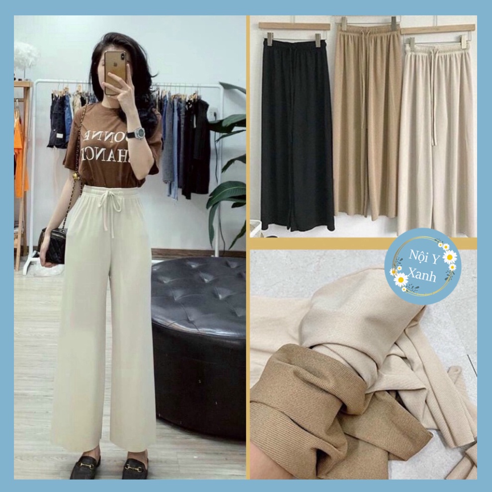 Quần xuông nữ ống rộng len tăm cạp chun sang chảnh nội y xanh babydoll bánh bèo mầu trắng đen be