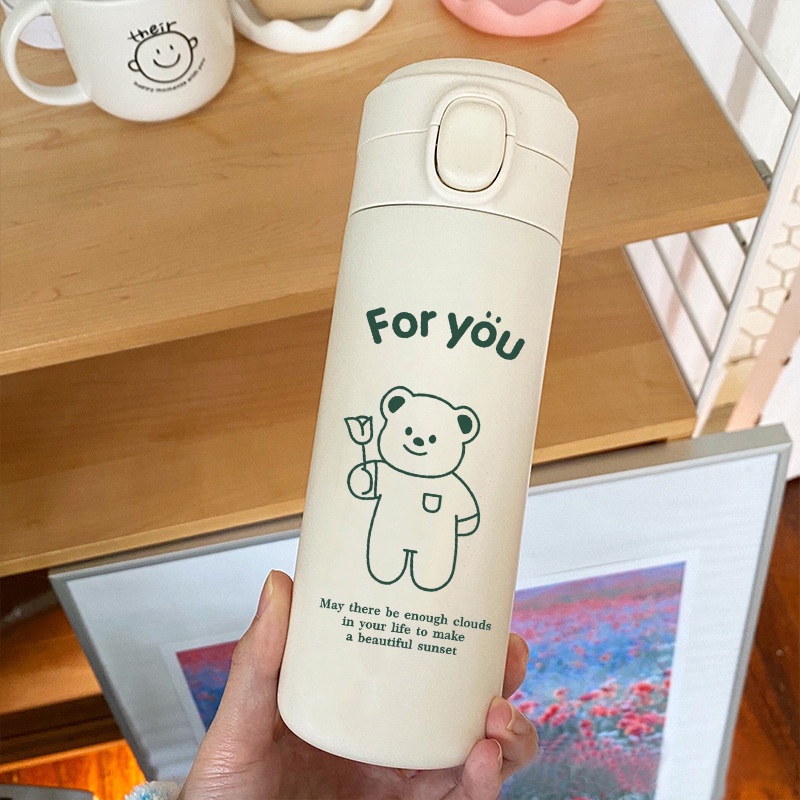 Bình giữ nhiệt chân không 420ml và túi xách tay in hình chú gấu Ohaya dễ thương