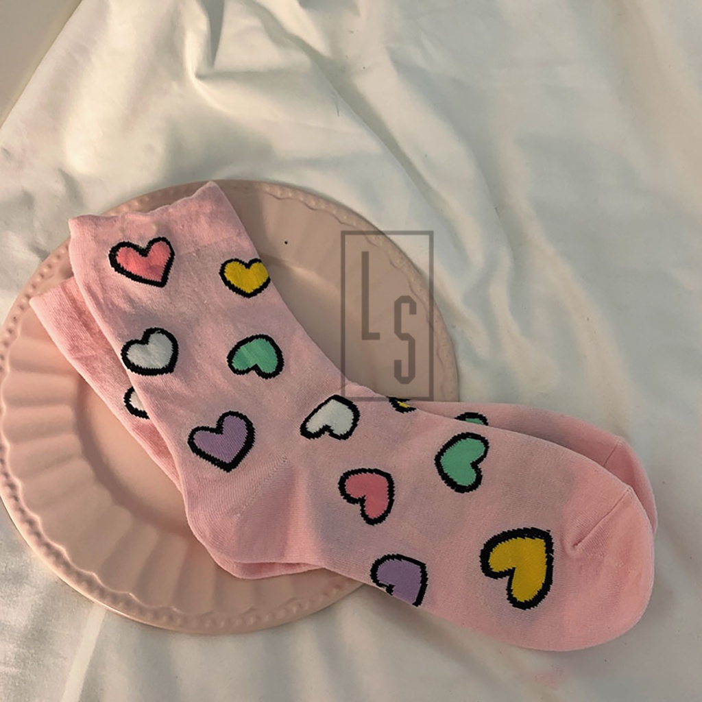 Vớ Cao Cổ Xuất Hàn Họa Tiết Tim Nhiều Màu - Tất Cao Cổ Họa Tiết Trái Tim