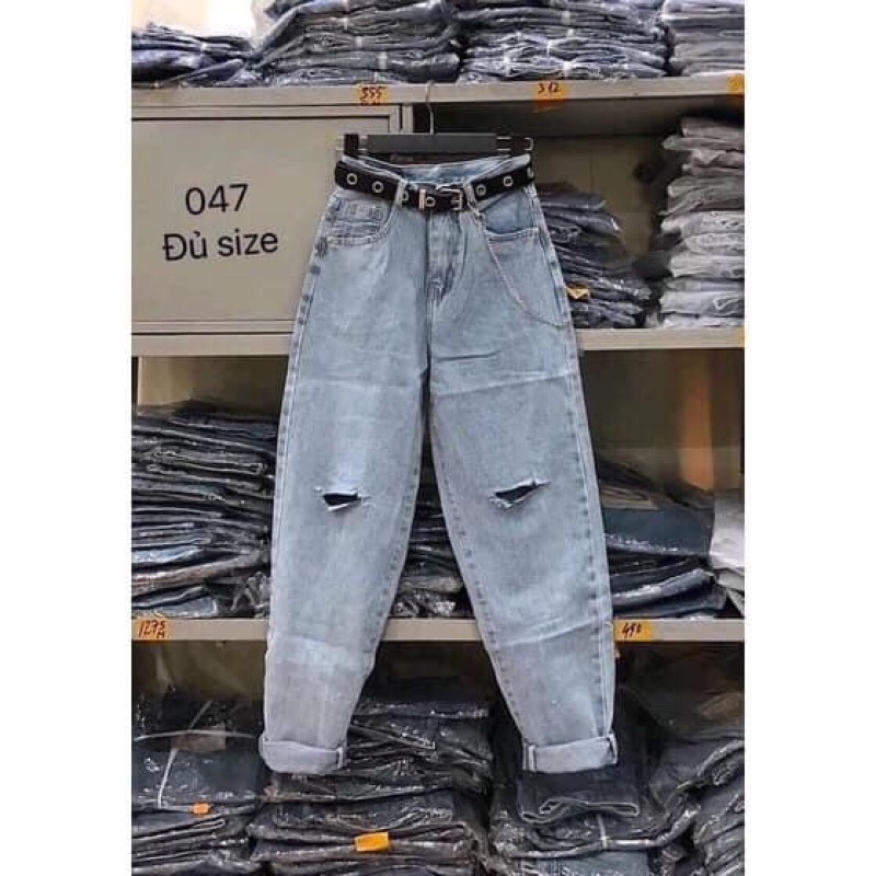 [Bigsize 30-35] Quần Baggy Xanh Nhạt Rách 2 Gối Sắn Lai. Jean Lưng Cao Không Giãn