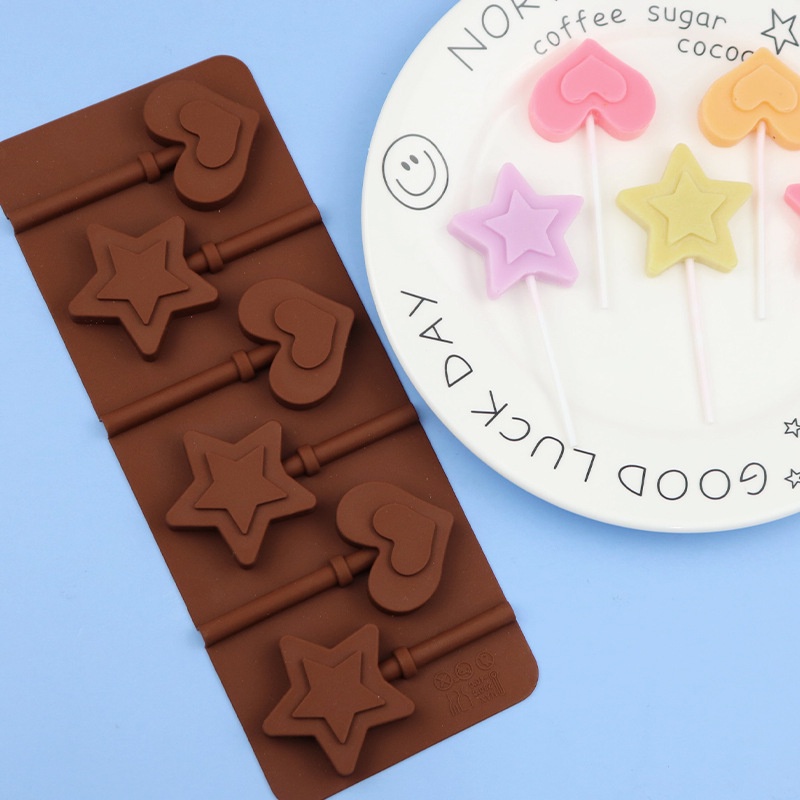 Khuôn silicone 6 Ngăn Làm Kẹo Mút/Socola Hình Trái Tim/Ngôi Sao