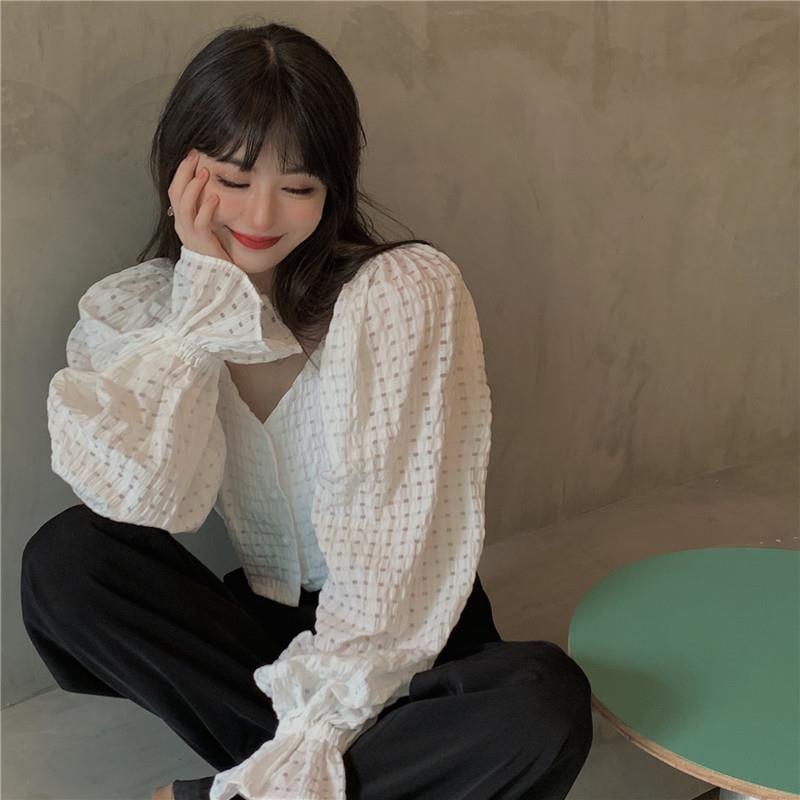 Áo kiểu tay dài cổ V thời trang xinh xắn cho nữ