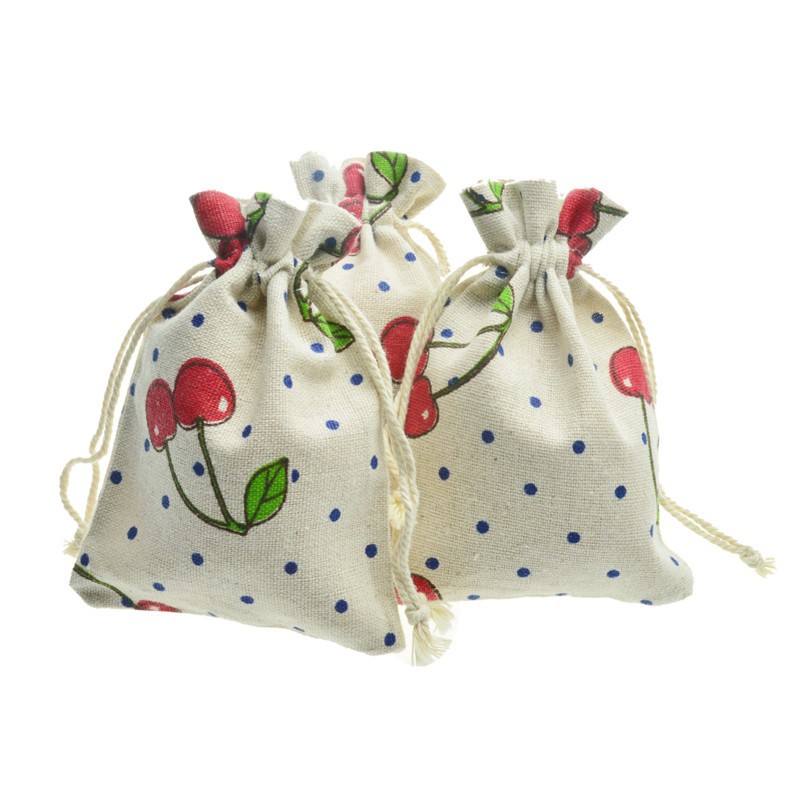 Túi vải nhỏ dây rút vải bố họa tiết quả cherry vintage size 10x14cm - mouse love rice