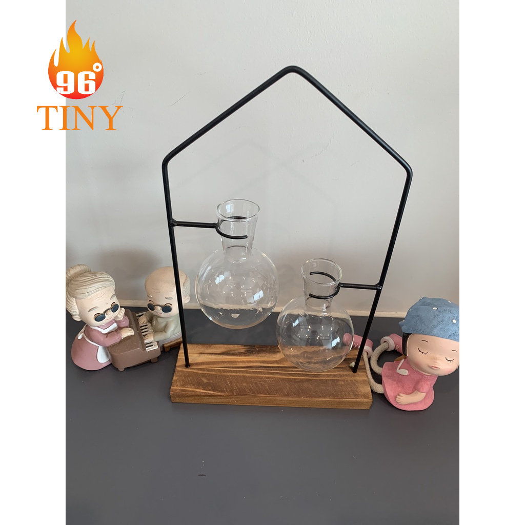Bình Thủy TInh Cắm Hoa, Trồng Cây Thủy Sinh Có Khung Kim Loại Hình Ngôi Nhà, Đế Gỗ