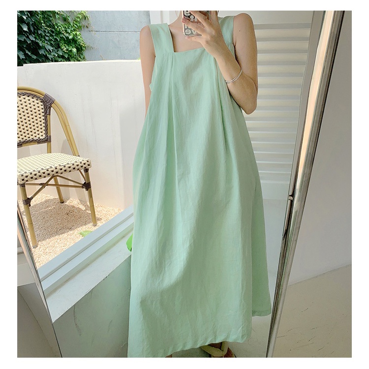 Đầm 2 dây bản to cổ vuông dáng dài váy maxi đi biển màu xanh ngọc hottrend