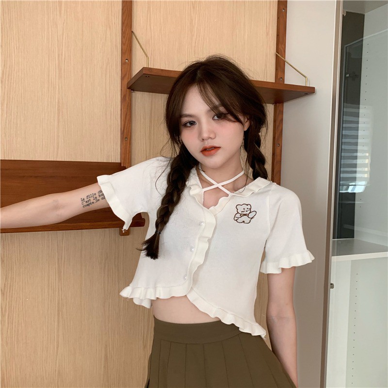 Áo Cardigan Dệt Kim Tay Ngắn Lưng Cao Dáng Ôm In Hình Gấu / Sữa Nhỏ Thời Trang Mới Cho Nữ | BigBuy360 - bigbuy360.vn