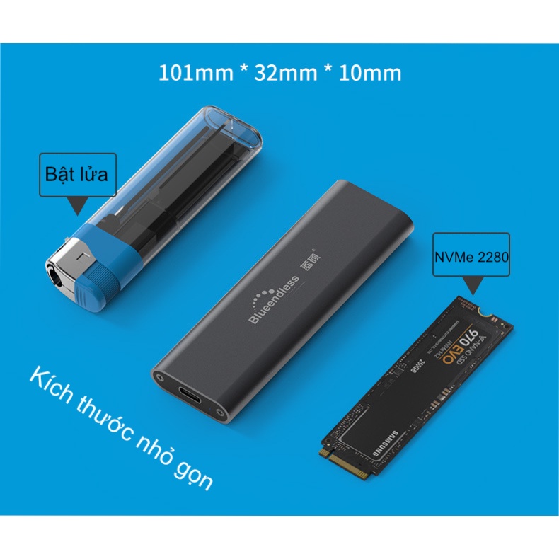 Box ổ cứng SSD NVMe M.2 chuẩn USB 3.2 gen 2 10Gbps tốc độ cao UASP - Blueendless (M.2 NVME 2280 SSD enclosure)