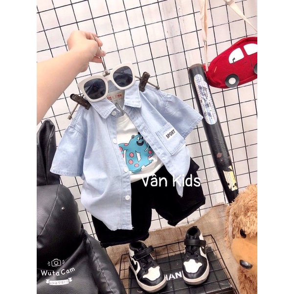 Set 3 chi tiết áo sơ mi jean bò kèm áo phông phối quần kaki mềm
