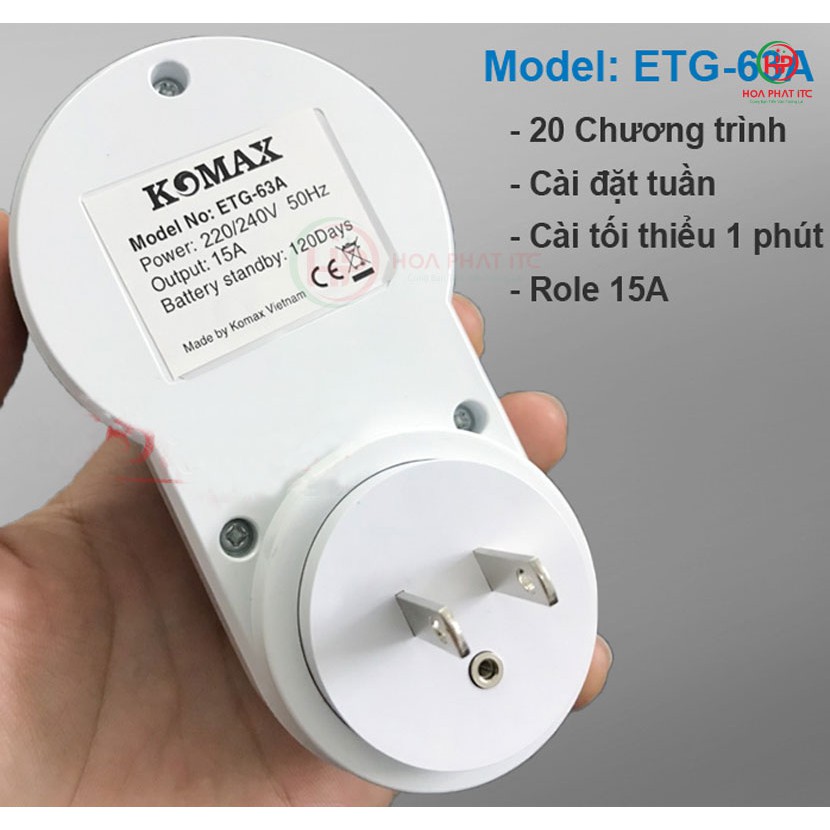 Ổ cắm hẹn giờ Komax ETG-63A tải điện 400w chu kỳ 7 ngày cài đặt giờ, phút, giây