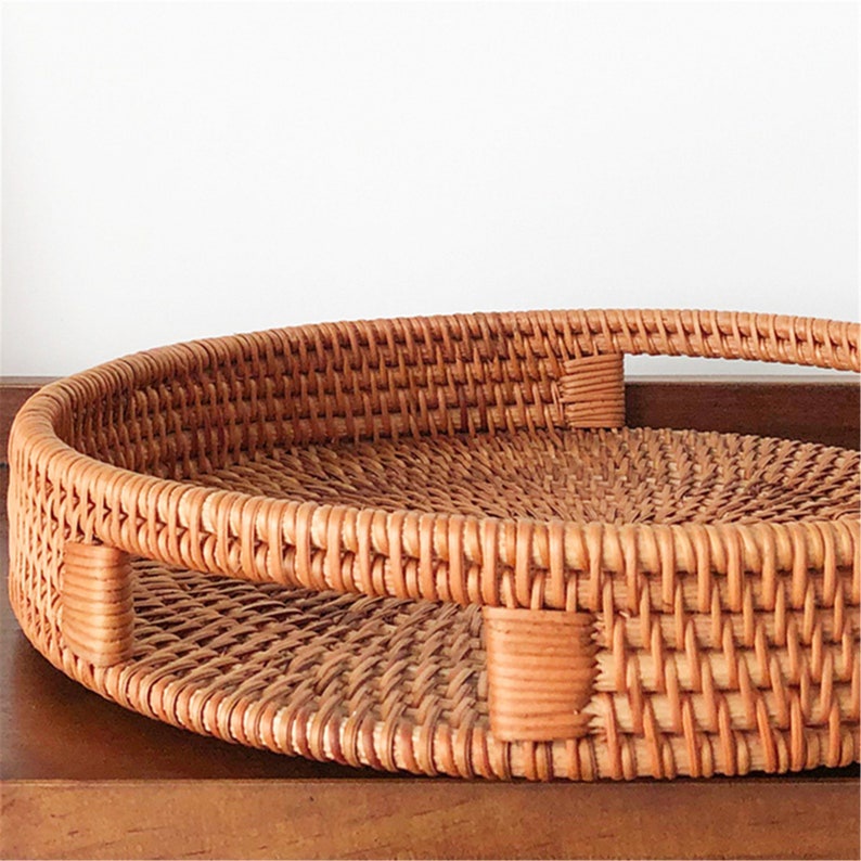 Khay mây tròn BEMIAO khay có tay cầm đựng đồ, hoa quả, giỏ mây, rổ mây trang trí phòng bếp | Mây tre đan decor trang trí