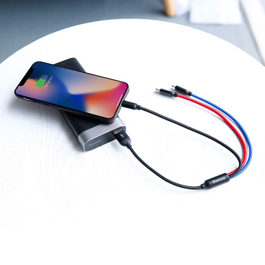 Cáp Sạc 3 Đầu BASEUS Three Primary Colors Hỗ Trợ Sạc Nhanh 3 Cổng Iphone Lightning Type C Micro Usb Chất Liệu Dây Dù