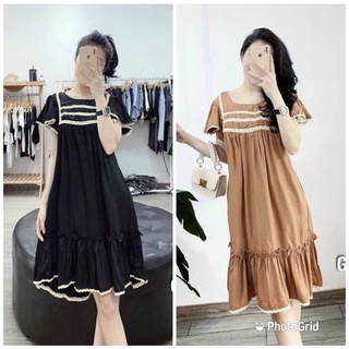 Váy Bầu thời trang đầm bầu thiết kế Đen, Nâu viền ren đuôi cá 3 size