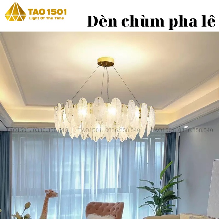Đèn Chùm Pha Lê Thả Phòng Khách, Thả Bàn Ăn - Thiết kế lông ngỗng tinh xảo (Tích hợp led đổi 3 màu ánh sáng)