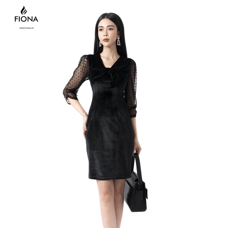 Đầm Nhung Cổ V Nữ FIONA, Đầm Xếp Nơ Tay Lưới Chấm Bi Mã F420867