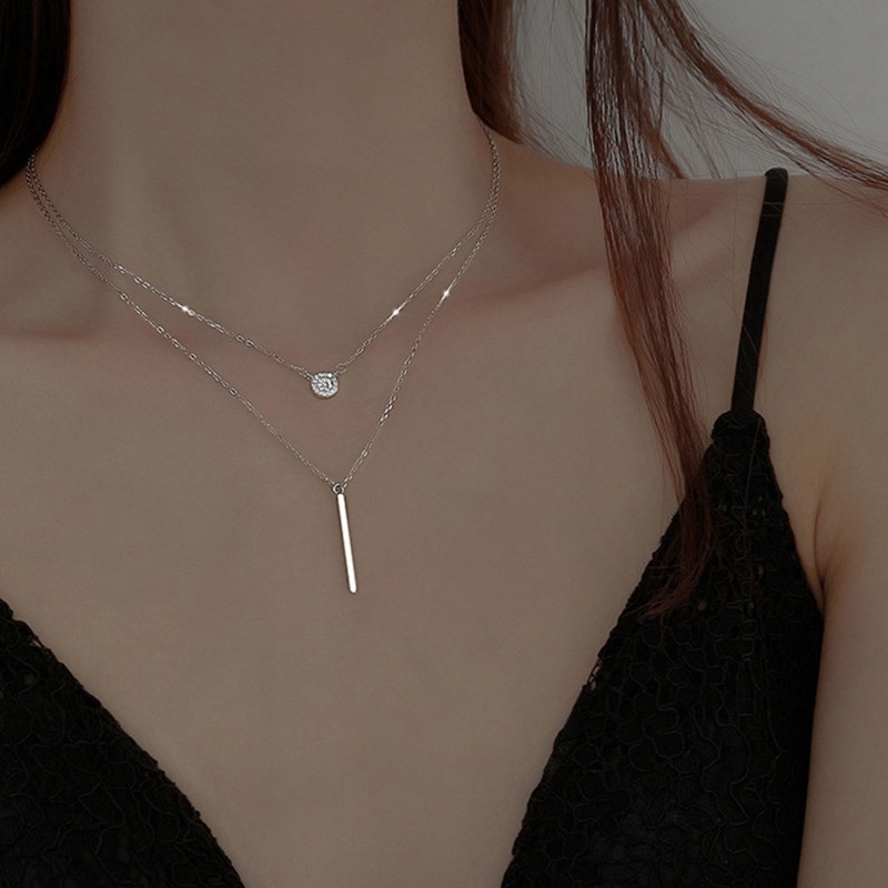 Vòng Cổ Choker Hai Lớp Dạng Thanh Dài Đính Đá Zircon Phong Cách Hàn Quốc Thanh Lịch Cá Tính