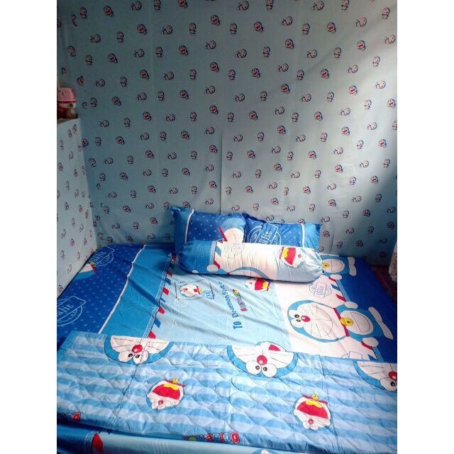 Set 1 drap nệm 2 vỏ gối nằm mẫu Doraemon tem thư 1M6X2M