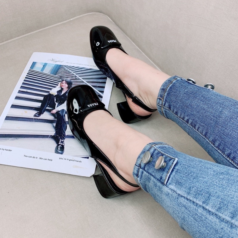 Giày cao gót nữ , sandal bít mũi hơ gót da bóng gót vuông cao cấp