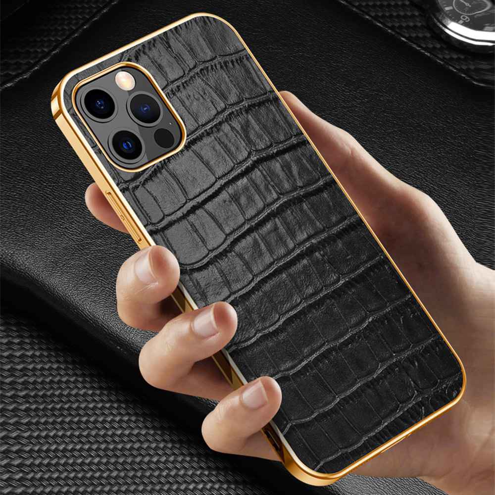 Ốp Điện Thoại Vân Da Bò/Cá Sấu Khung Vàng Cho Iphone 12 11 Pro Max X Xr Xs 12 Mini | BigBuy360 - bigbuy360.vn