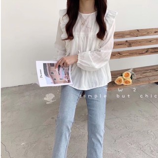 Áo babydoll bèo kiểu mới tay nơ, Kiểu áo sơ mi nữ phối ren màu trắng tiểu thư -CKV144