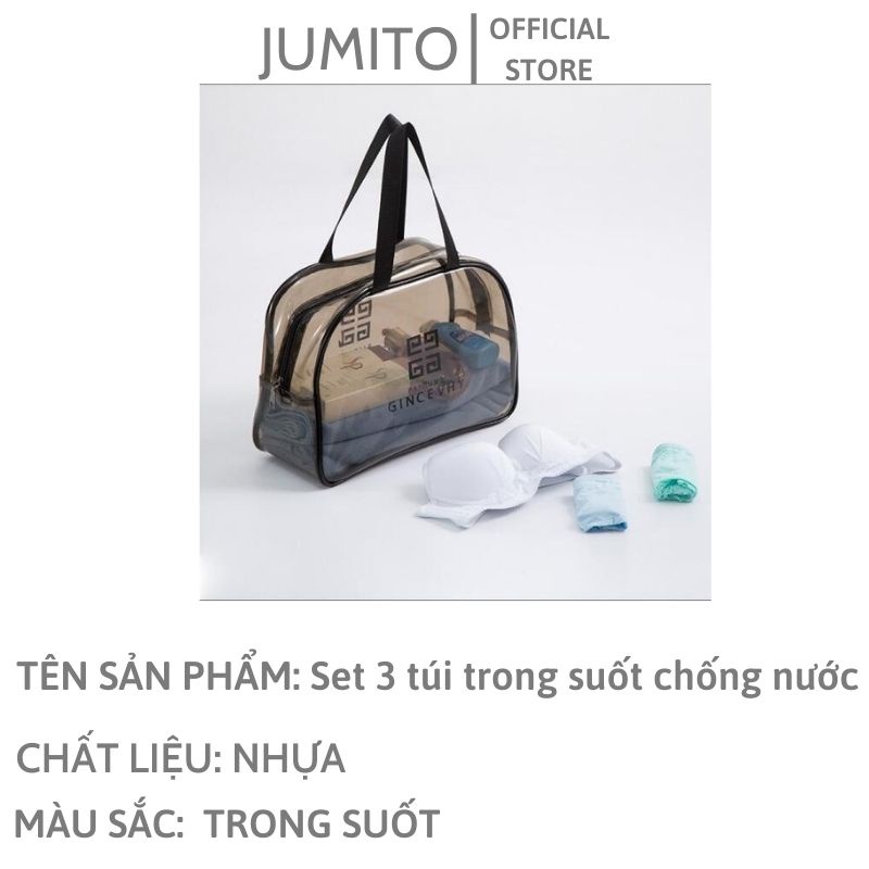 Set 3 túi trong suốt chống nước đựng đồ mỹ phẩm tiện dụng khi đi du lịch JUMITO SF338