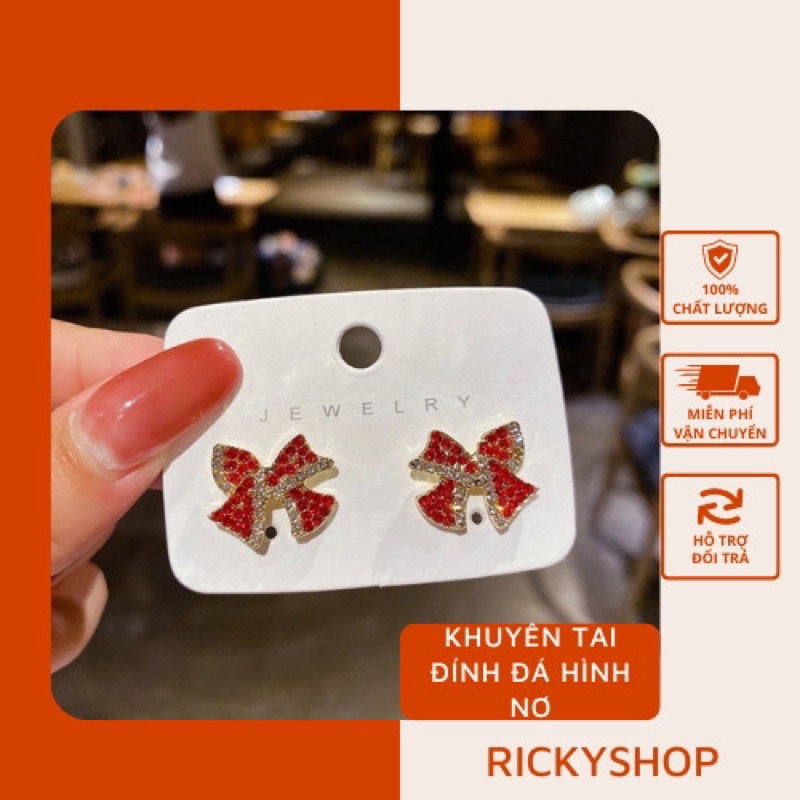 Khuyên tai bạc 925 đính đá đỏ kiểu dáng hình nơ lạ mắt độc đáo Phong cách Hàn Quốc