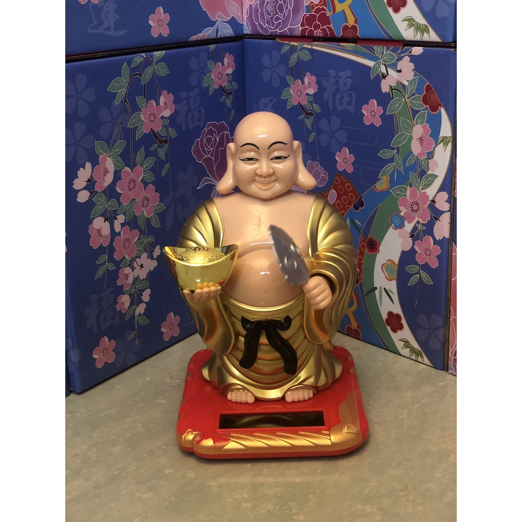 Phật Di Lạc gật đầu và tay quạt bằng năng lượng mặt trời phụ kiện ô tô trang trí bàn thờ đồ thờ cúng đồ phong thủy