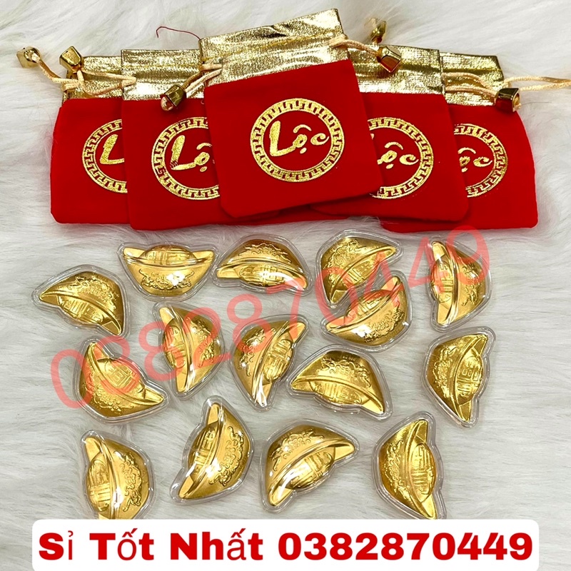 [Sỉ Rẻ Nhất] Combo 10 Thỏi Vàng Thần Tài Kim Nguyên Bảo Kèm Túi Phúc - Lộc May mắn