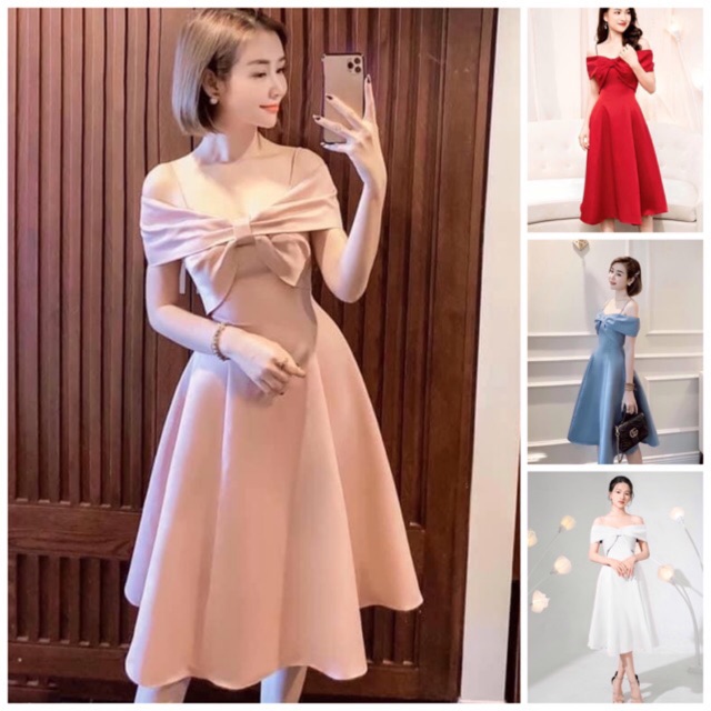 Đầm dự tiệc xoè trễ vai nơ ngực - Hình thật