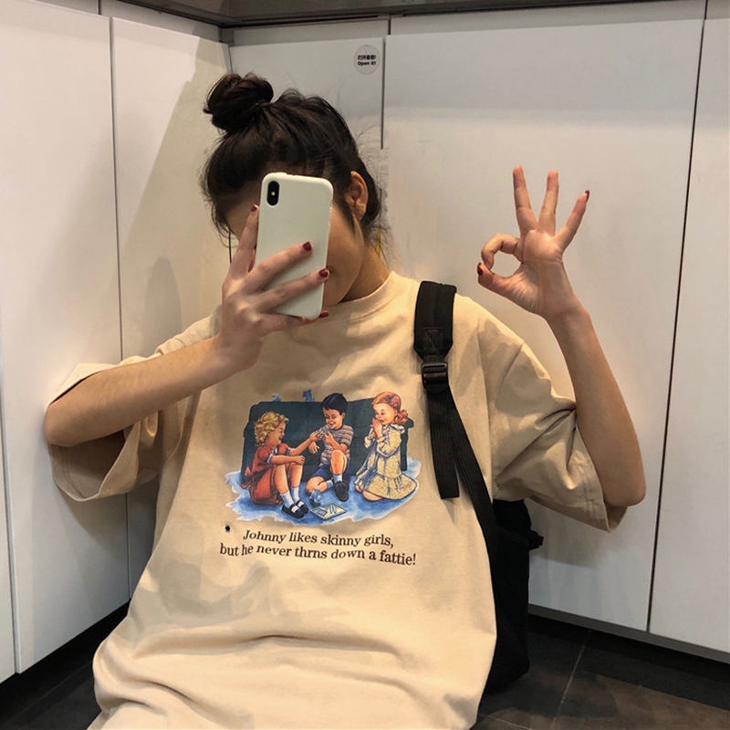 Áo thun tay ngắn cổ tròn dáng rộng in họa tiết phong cách mùa hè Hàn Quốc trẻ trung cho nữ