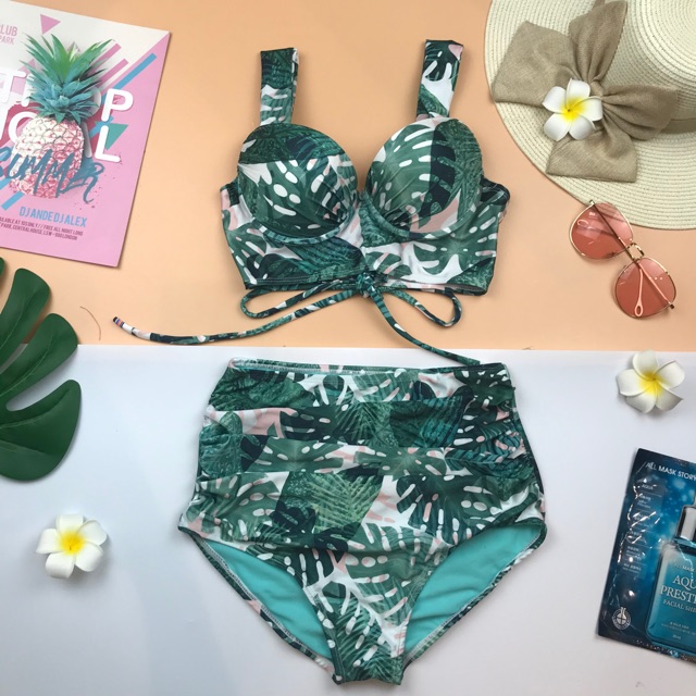 Bikini lưng cao áo crop nâng ngực lá xanh