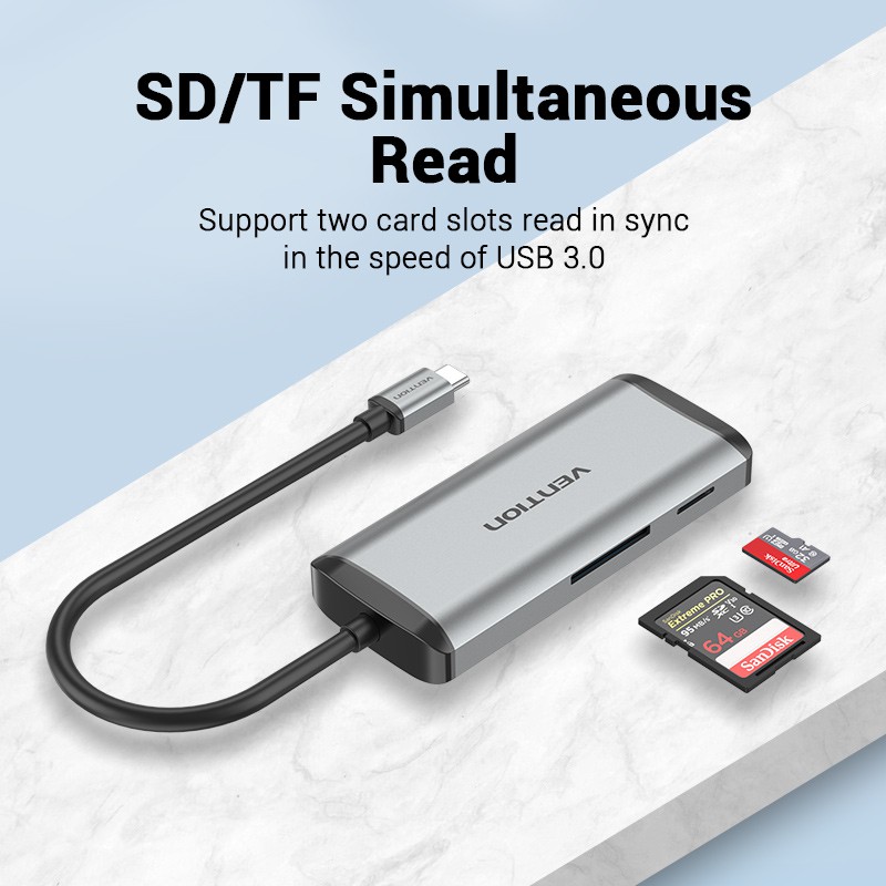 Hub USB C Vention chuyển đổi Type C sang TF/SD/USB 3.0/PD 87W 6 cổng 5Gbps cho Laptop PC 6 trong 1