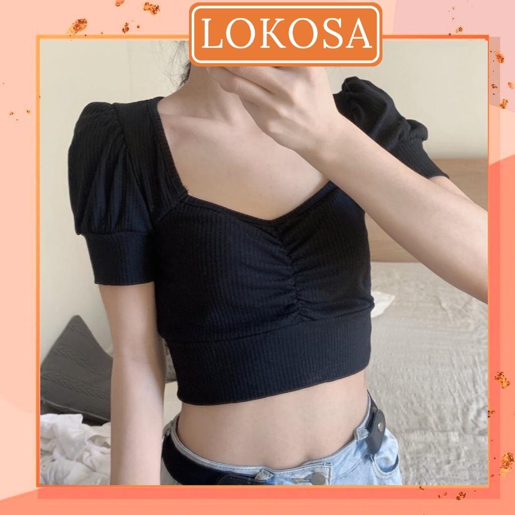 Áo Kiểu Croptop Tay Ngắn LOKOSA, Áo thun Crotop cổ vuông tay phồng ôm body thể thao cá tính AO012