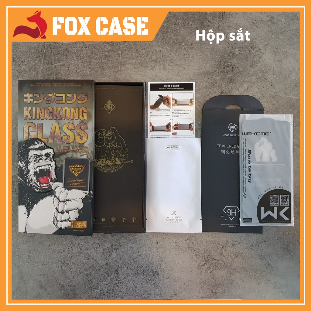 Cường lực iPhone 12, 12 Mini, 12 Pro, 12 Pro Max KINGKONG siêu cứng, hộp sắt chính hãng WK chống bám vân tay - Fox Case