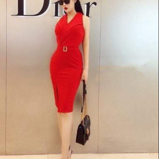 Đầm body gia vest đắp chéo phối tag
