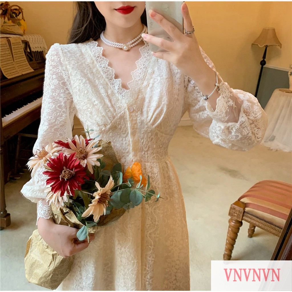 Đầm Dự Tiệc Tay Dài Cổ Chữ V Phối Ren Phong Cách Retro