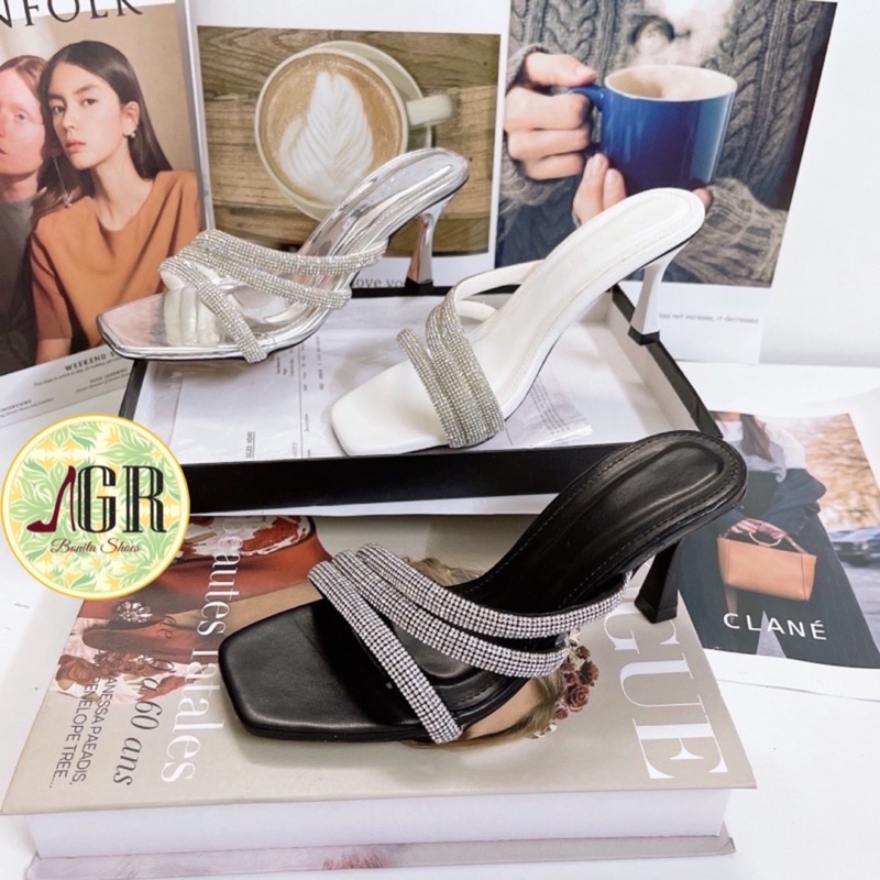 Guốc 3 quai xéo đá tròn da mềm gót nhọn 6 cm