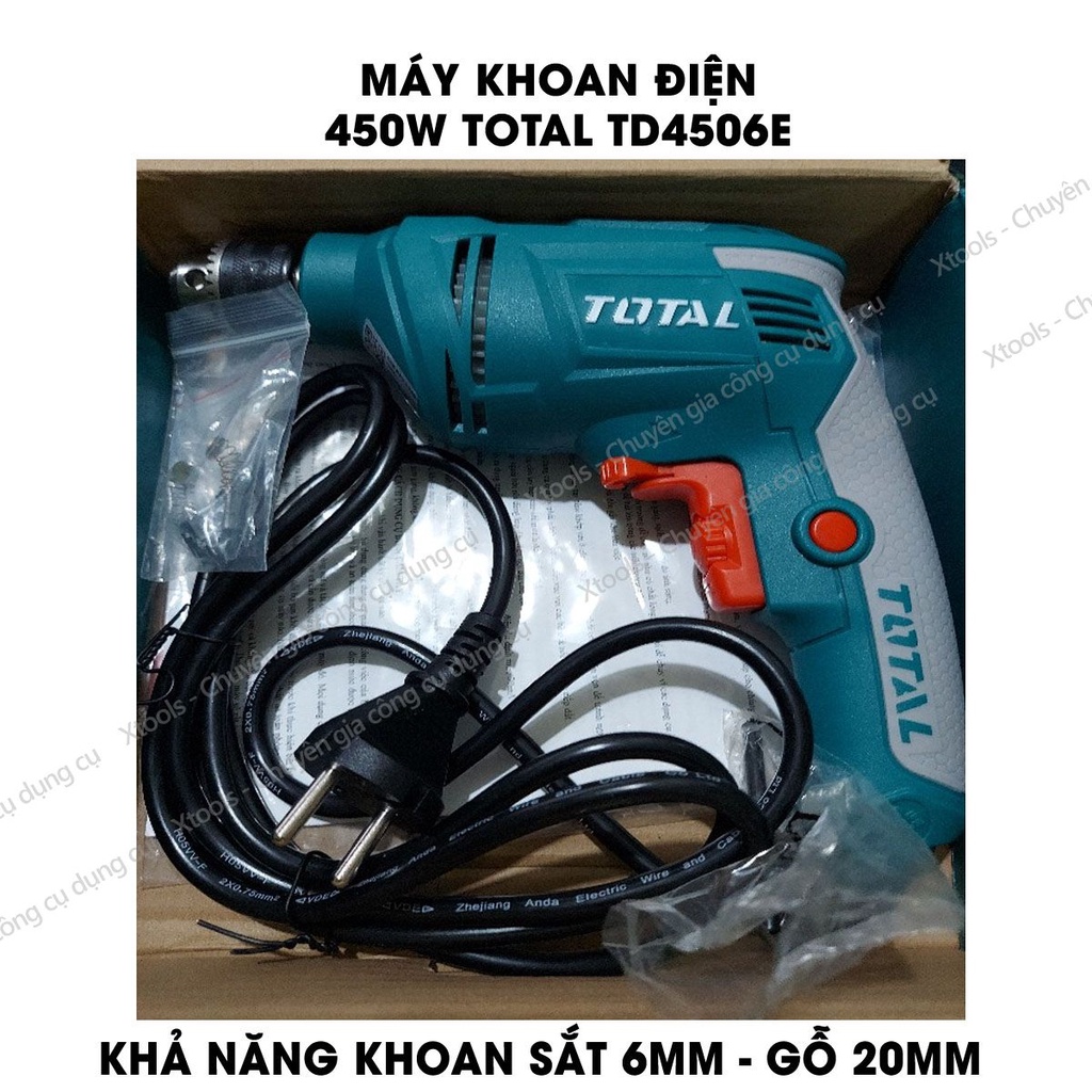 Máy khoan cầm tay TOTAL TD4506E công suất 450w, tốc độ 3200rpm, đầu khoan 6.5mm, khả năng khoan sắt 6mm, khoan gỗ 20mm,