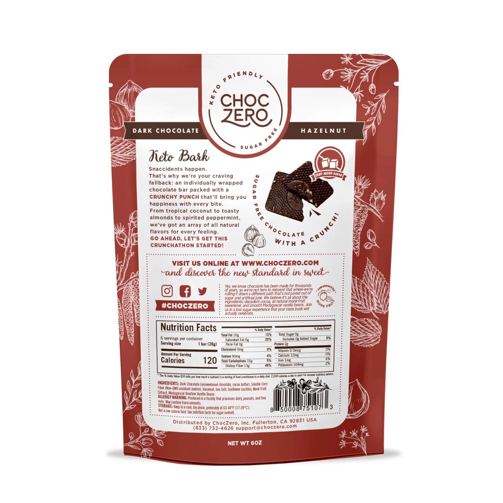 TÚI SOCOLA ĐEN BỌC QUẢ PHỈ ChocZero's Keto Bark, Dark Chocolate Hazelnut with Sea Salt, Sugar Free, Low Carb, No Artific