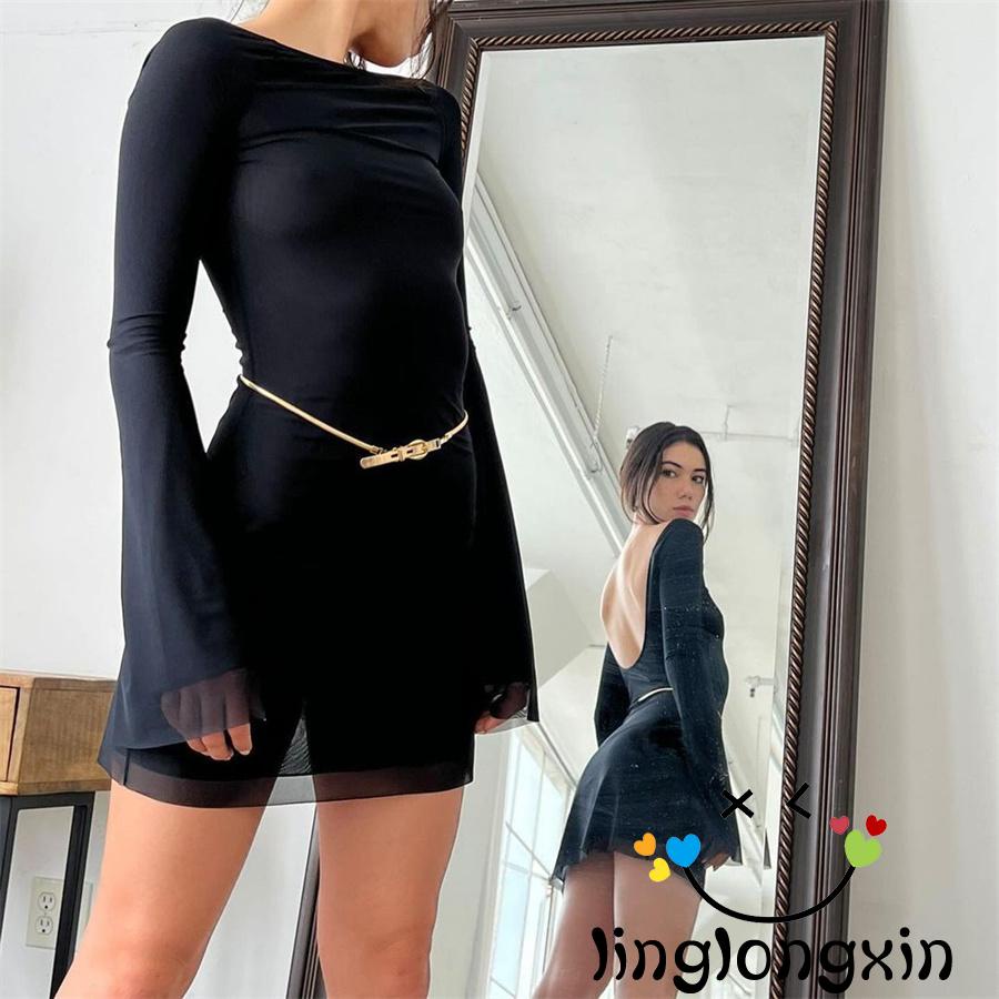 Linglongxi2-đầm Ngắn Màu Trơn / Dài Tay Hở Lưng In Hoa / Đen / Kaki / S / M / L