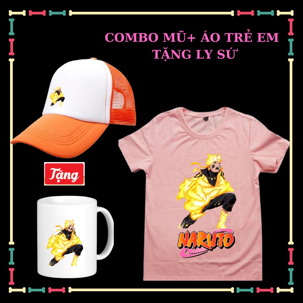 Combo Áo Naruto+Mũ Lưỡi trai Naruto-Tặng Ly sứ Naruto cho trẻ em tay ngắn Vải thun thái co giãn 4 chiều