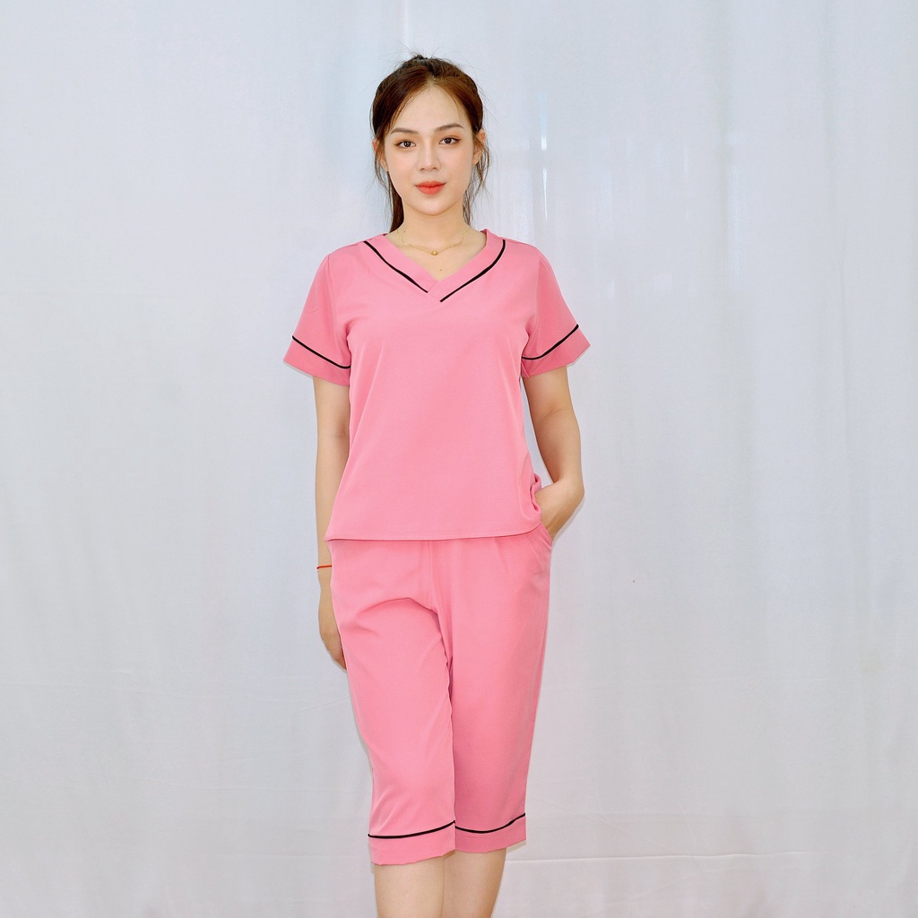 Bộ đồ bộ màu HỒNG CỔ TIM KẸP ĐEN  tay ngắn quần lửng vải lụa cao cấp - Thoải Mái- Nhẹ Nhàng -Co giãn nhẹ