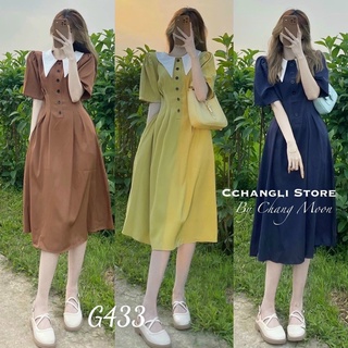 Đầm xoè cổ lá sen eo xếp ly phối nút vải kate G433