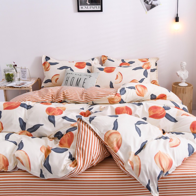 Bộ chăn ga gối Cotton poly M2T bedding gồm vỏ chăn mền, drap nệm và 2 vỏ gối nằm họa tiết quả đào